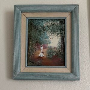 Framed Vintage Woman in Garden Oil Painting